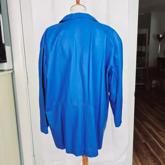 80s Retro Blue Leather Blazer Jacket Vintage Size L - Picture 7 of 16